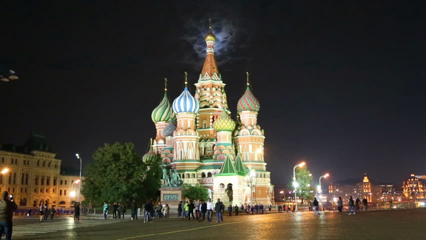 St. Basil Church (Vasiliy Blazhenniy) and moon light in Moscow Russia