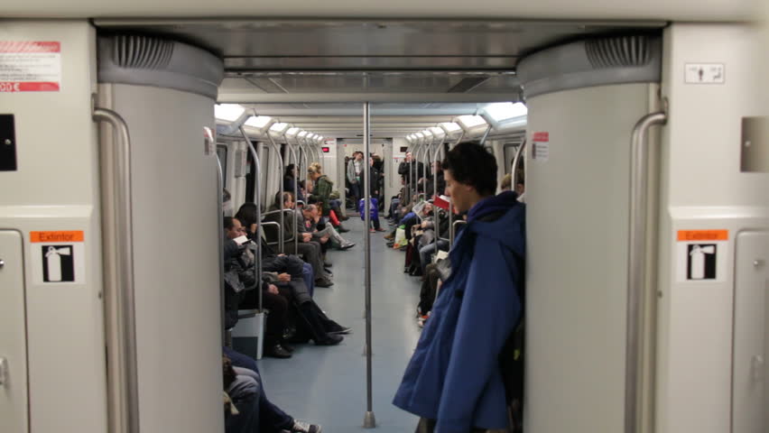 Barcelona, Spain - January 15th, 2013: Passengers on subway train