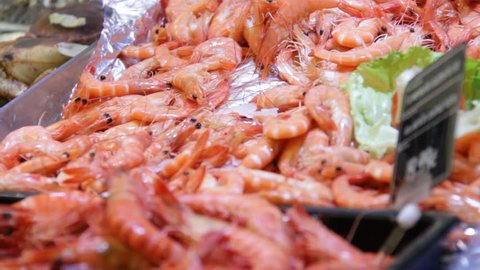 Paris, France - May 6th, 2012: Prawns on stall at the market