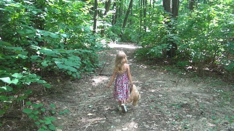 Child, Little Girl Playing, Walking with Bear Toy on Path in Forest, Children