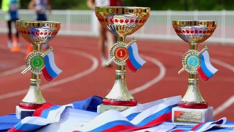 MOSCOW - MAY 13: Prize cups for winners of XXI Moscow supermarathon, Championships of Russia and Moscow on 24-hours running at brothers Znamensky Stadium on 13 May 2012, Moscow, Russia.