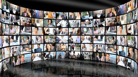 Modern 3D video wall montage of successful multi-ethnic business managers working in urban environments
