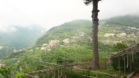 Pan shot of houses on a hill, Ravello, Amalfi Coast, Salerno, Campania, Italy