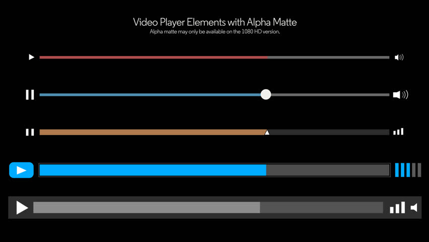A collection of 5 video player slider elements.  With alpha matte for easy