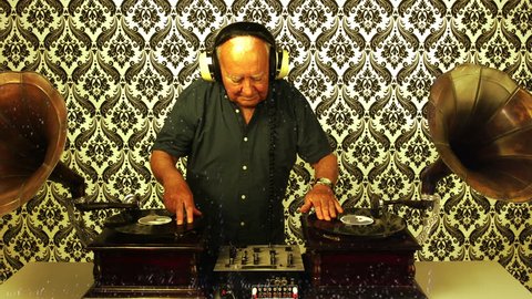 a very funky elderly grandpa dj mixing records with gramophones
