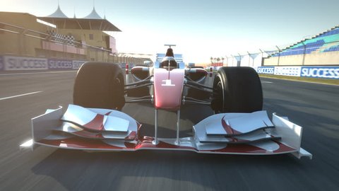 Formula One race car speeding along home stretch and past camera - high quality 3d animation - visit our portfolio for more
