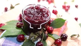 Rotating Cherry Jam video with fresh fruits