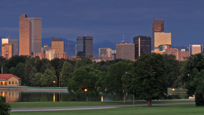 Denver Skyline Morning Sunrise. HD 1080p time lapse.