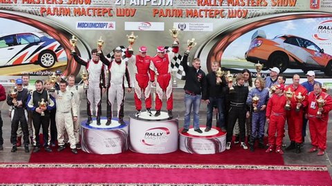 MOSCOW - APR 21: Award ceremony in sports complex Krylatsky during Rally Masters Show on April 21, 2012 in Moscow, Russia. First cars race took place in 1894.