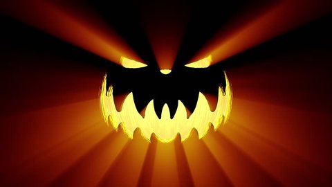 Shining Jack-O-Lantern. Halloween pumpkin with scary face isolated on the black background. Seamless loop. More color options available - check my portfolio.