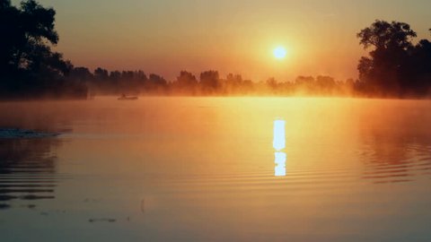 sunrise on the lake, sunrise over river, Fisherman on the boat on the sunrise, morning Landscape, morning fishing