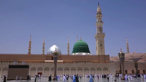 Moslems walk at Masjid Al Nabawi or Nabawi Mosque (Mosque of the Prophet) in Medina, Saudi Arabia.Nabawi mosque is Islam's second holiest mosque after Haram Mosque (in Mecca, Saudi Arabia) 