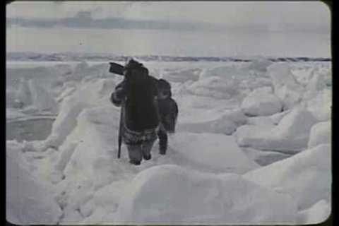 1950s - Eskimos in the Arctic move across the tundra using sled dogs in the 1950s.