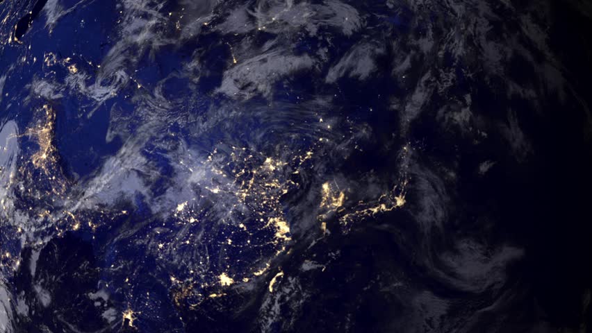 Telecommunication satellite over Asia, night view from space.. Cinema quality 3D