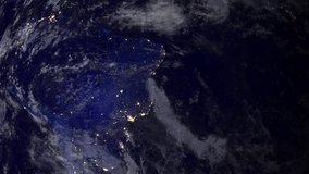 Telecommunication satellite over South America, night view from space.. Cinema quality 3D animation. HD. The focus changes from earth to satelite and back through the clouds.  - Powered by Shutterstock - Get 15% off with code: PIKWIZARD15