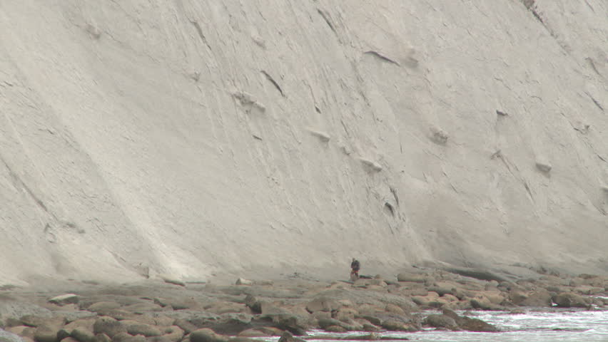 A man and his dog walking below towering cliffs on a rugged coast.