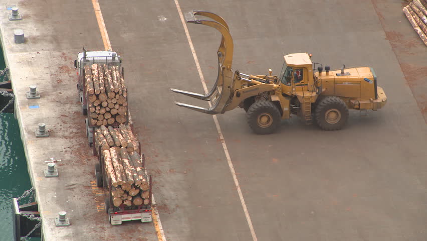 Logs being unloaded from a truck at a wharf ready for export.