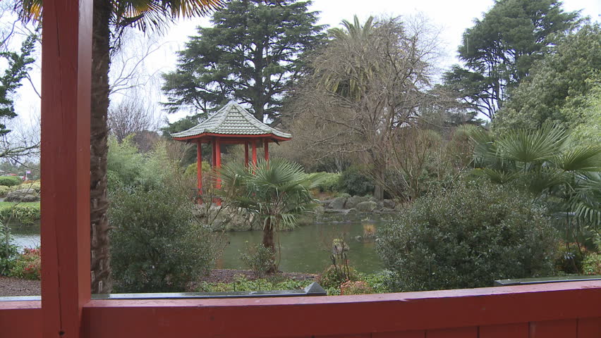 Chinese gardens and pagodas on a rainy day.