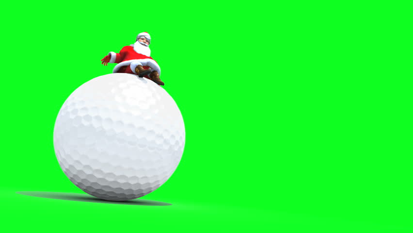 Santa sits on a Golf Ball. Ambient movement, loop, against Green.