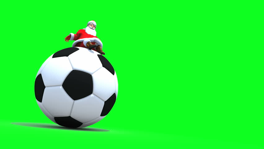 Santa sits on a Football Soccer ball. Ambient movement loopable. Against Green