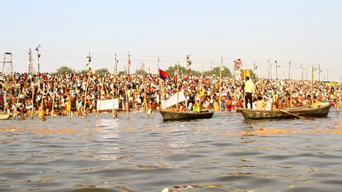 Allahabad, Uttar Pradesh, India - 02/09/2013 - Pan shot boats in a river during Kumbh Mela, Ganges River, Allahabad, Uttar Pradesh, India