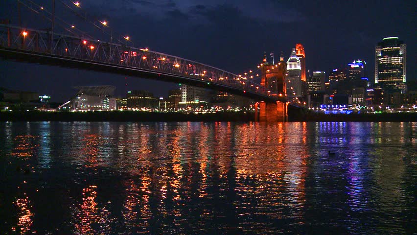 Light reflects off the Ohio River with the city of Cincinnati Ohio background.