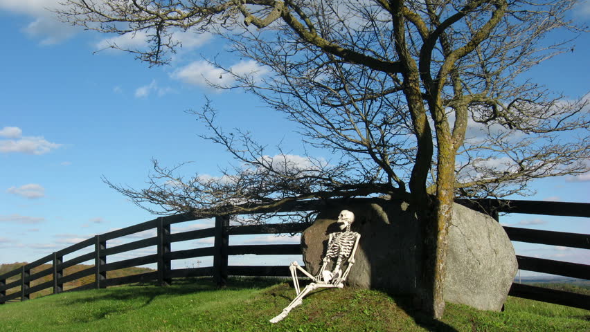 Skeleton HIllside Color 1. Skeleton resting on a picturesque country hillside.
