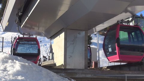 People in Alps Ski Lift, Alpine Cable Car, Winter Sports, Tourists Skiing