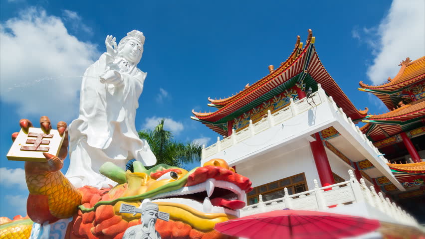 Time Lapse Guan Yin Statue On Big Dragon Statue In China Temple