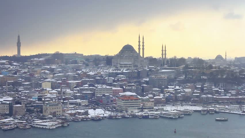 Winter in Istanbul. In the distance Suleymaniye Mosque in snow
