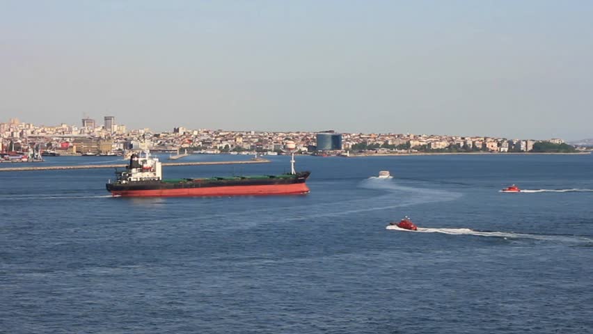 Cargo ship and tugboats in front of Istanbul container harbor. 