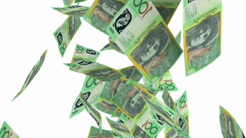 An array of one hundred Australian dollar bill notes falling through the air on an isolated white background