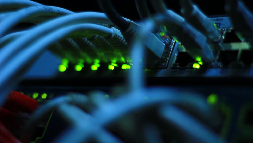 Router routing data over Ethernet in the company data center. Royalty-Free Stock Footage #4850738