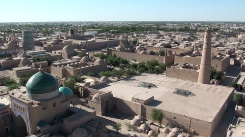 KHIVA, UZBEKISTAN - 27 MAY 2013: Overview of the beautiful 'Ichon Qala', the walled city of Khiva, along the former Silk Road in Uzbekistan
