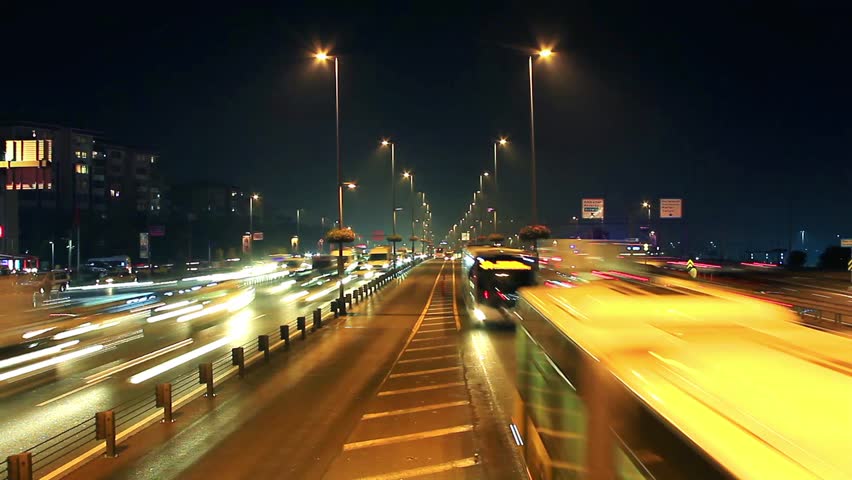 Night time lapse of traffic & lights on autobahn. Istanbul traffic was very