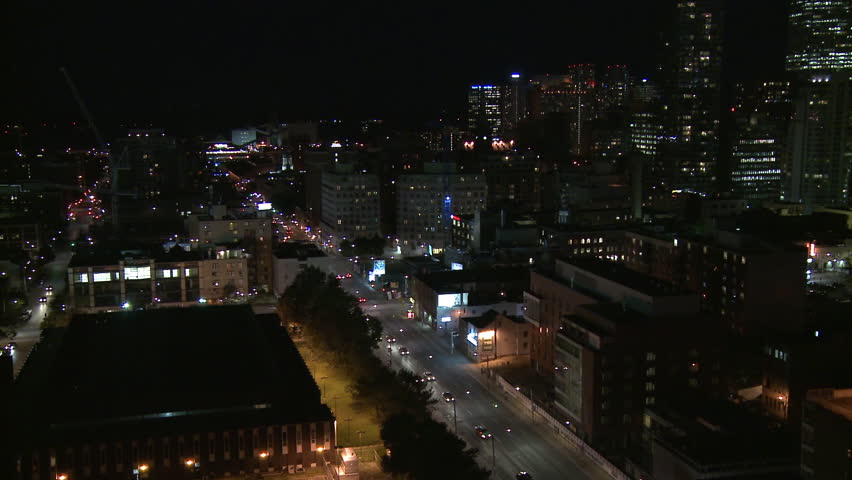 City of Toronto, Ontario, Canada, at night.  Camera pans across the skyline.