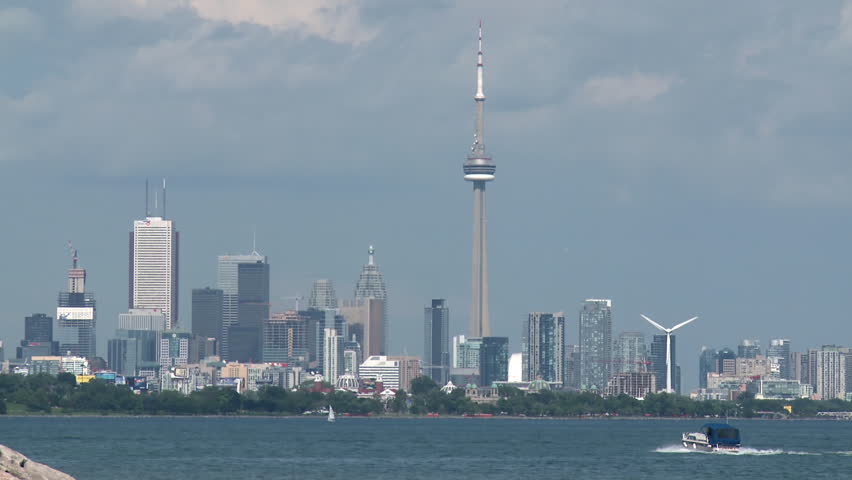 View of Toronto city skyline, Ontario, Canada, looking across Lake Ontario. 
