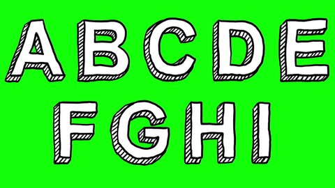 An animated hand-drawn font isolated over a keyable green background, with all the letters, punctuation, and numbers.  