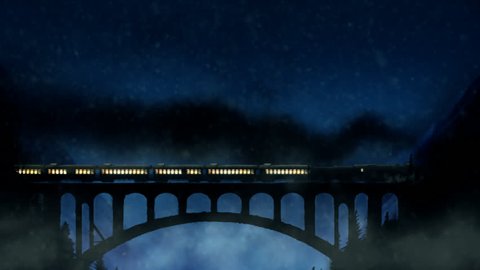 Train crosses the mountain bridge in a snowy night