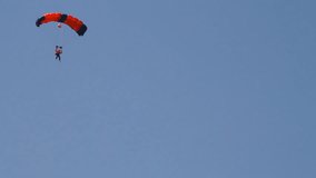 landing of parachutists against the clear sky
shooting parachute jumps (skydiving) from a distance