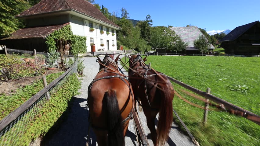 Passenger view of horse carriage riding in Ballenberg, Canton of Berne, Switzerland.