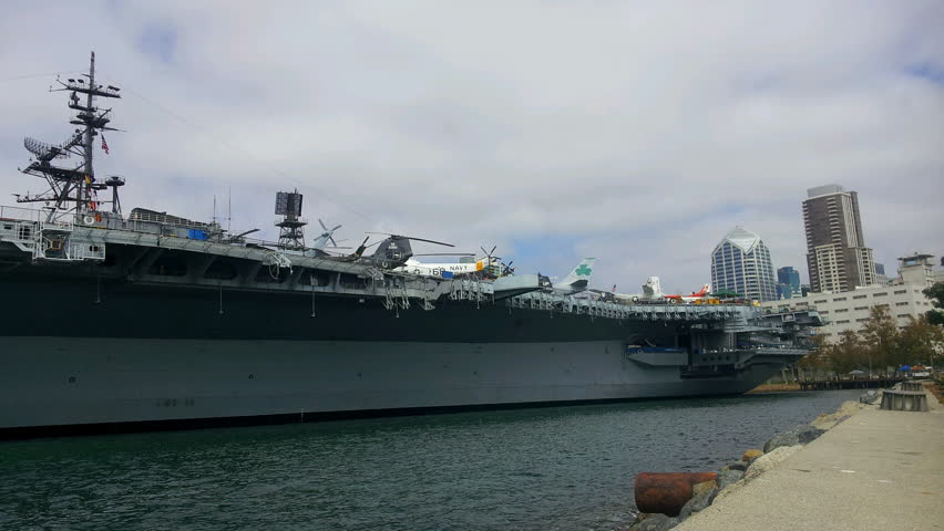 San Diego, California - September 25, 2013 - Panoramic Timelapse of the USS Midway Aircraft Carrier and Maritime Museum.
