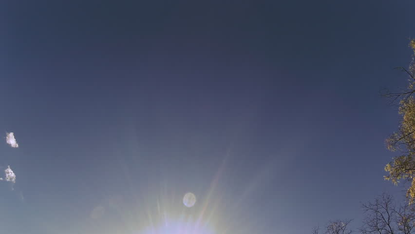 Tracking shot looking up at treetops as they pass overhead, fall colors on display. Branches and leaves are silhouetted against the blue sky. Blue Mounds State Park, Wisconsin, USA.