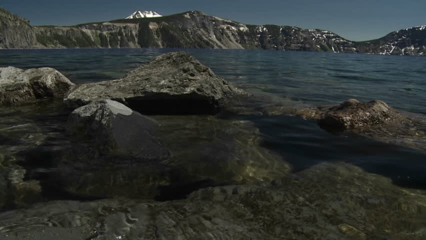 Low angle view from the waterline at Crater Lake, Oregon.