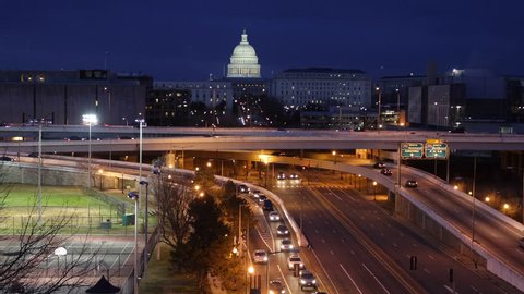 Illuminated Night Lights Aerial View Busy Car Traffic Jam on Southeast Freeway US Capitol Building Congress Washington DC, Rush Hour Commuters on Highway, Motorway in Capital City of United States USA