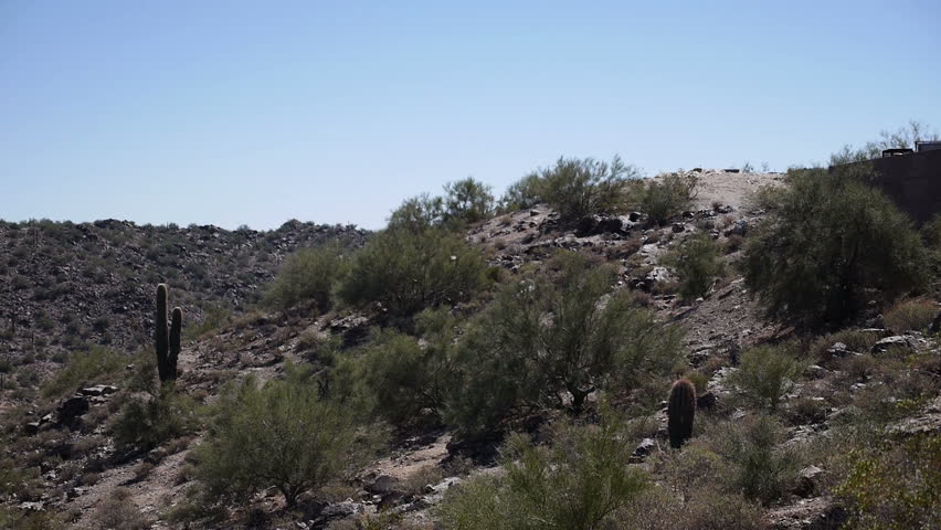 A young man hikes through the desert.