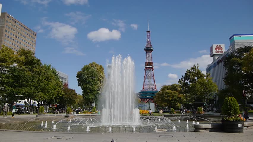 SAPPORO, JAPAN - OCTOBER 18 : Sapporo Television Tower and West 3 Fountain at Sapporo Odori Park on October 18, 2013 in Sapporo, Hokkaido, Japan.