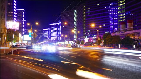 Night traffic in a big city, Moscow, timelapse.