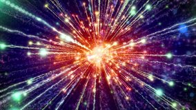Abstract motion rainbow colors background, shining lights, sparks and fireworks like particles, seamless loop able.