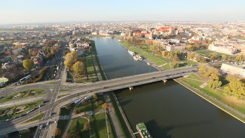 Aerial view of Vistula river in Krakow, Poland.